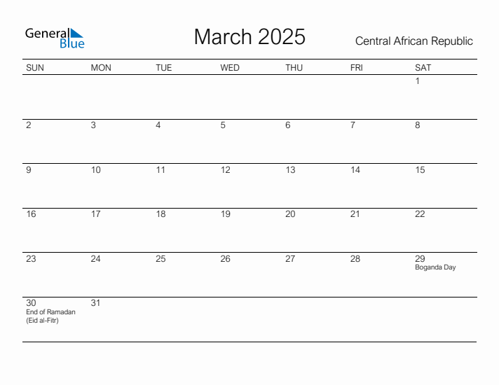 Printable March 2025 Calendar for Central African Republic