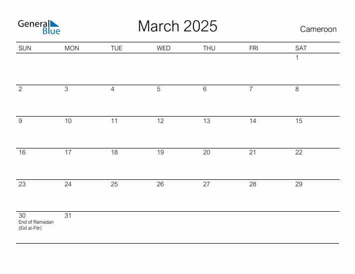 Printable March 2025 Calendar for Cameroon