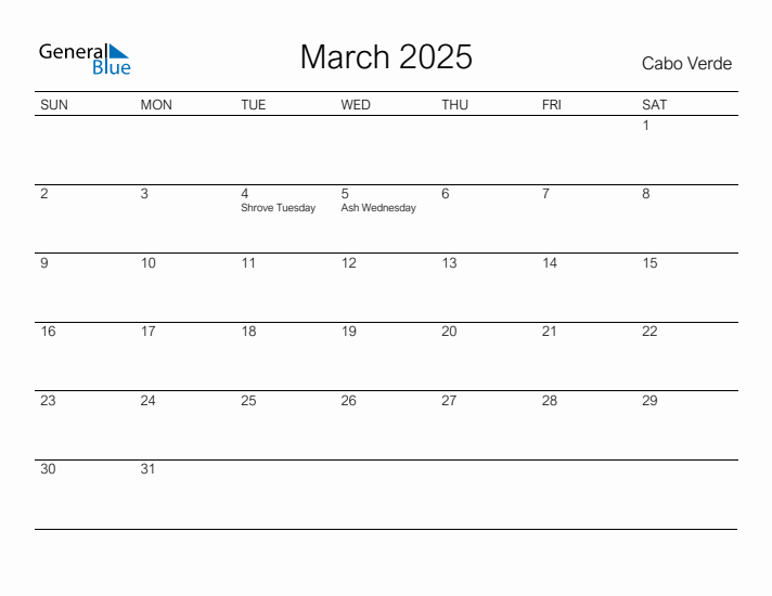 Printable March 2025 Calendar for Cabo Verde
