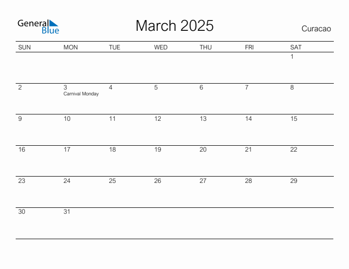 Printable March 2025 Calendar for Curacao
