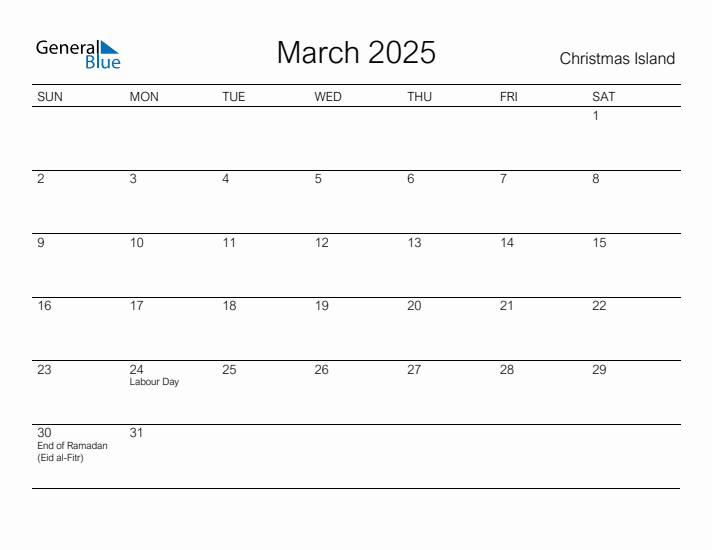 Printable March 2025 Monthly Calendar with Holidays for Christmas Island