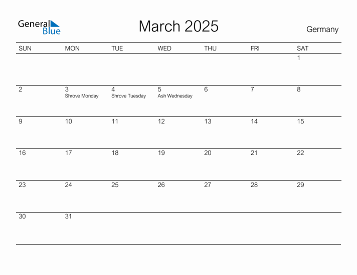 Printable March 2025 Calendar for Germany