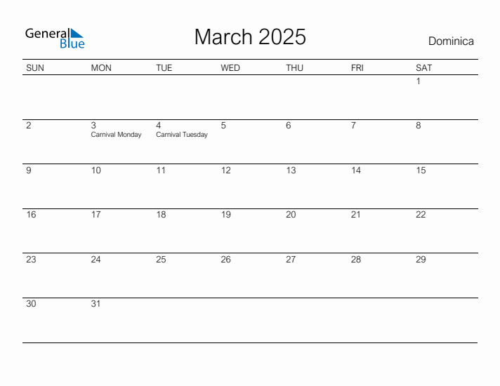 Printable March 2025 Calendar for Dominica