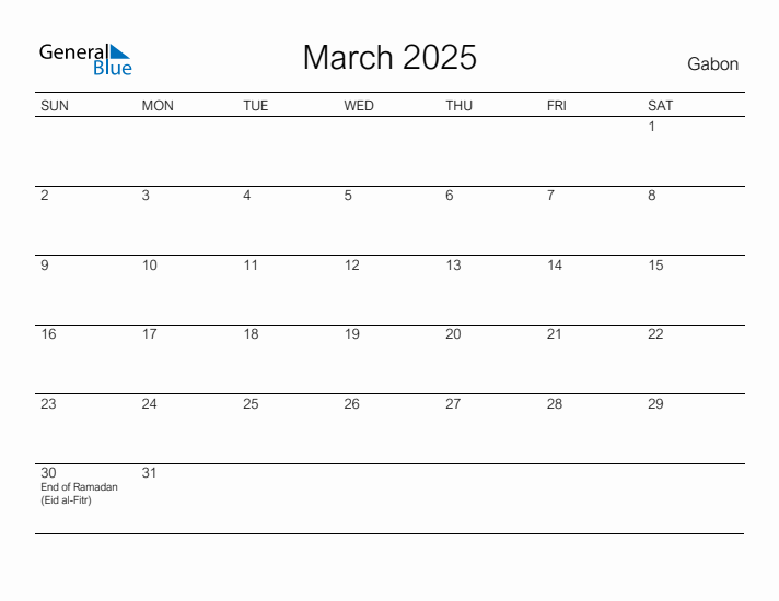 Printable March 2025 Calendar for Gabon
