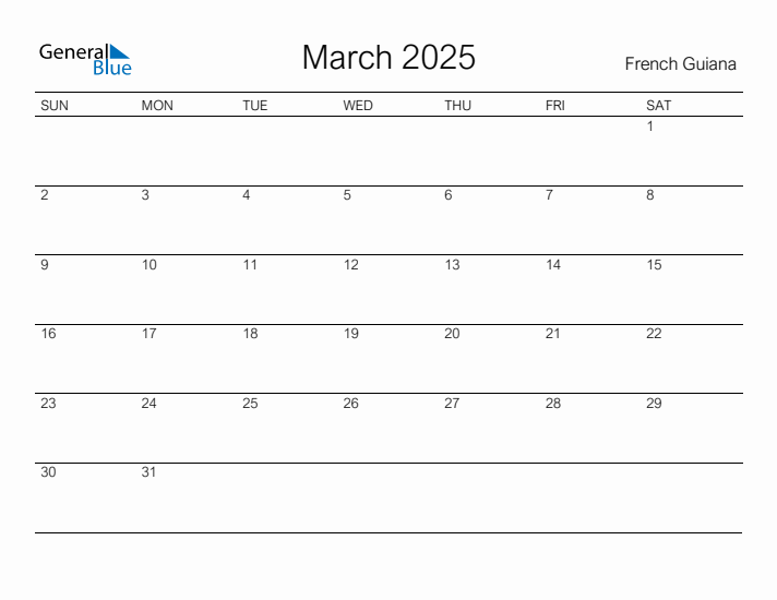 Printable March 2025 Calendar for French Guiana