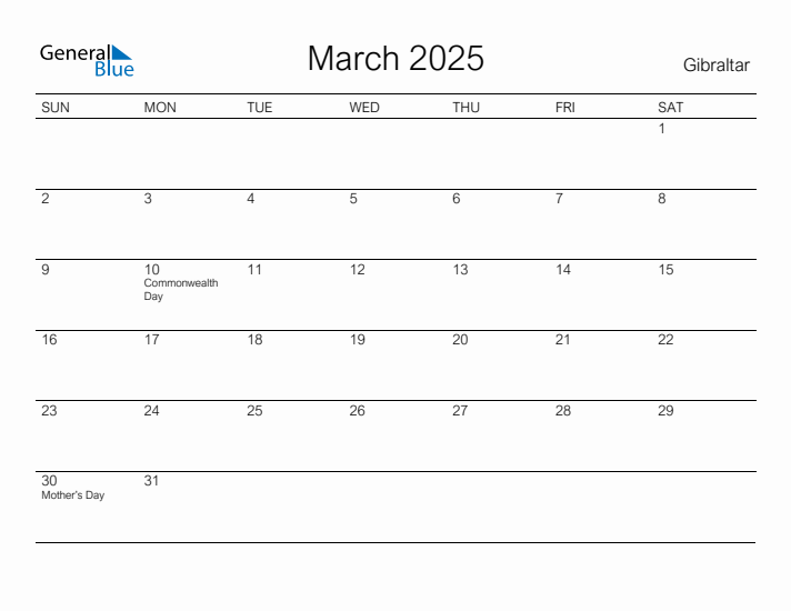 Printable March 2025 Calendar for Gibraltar