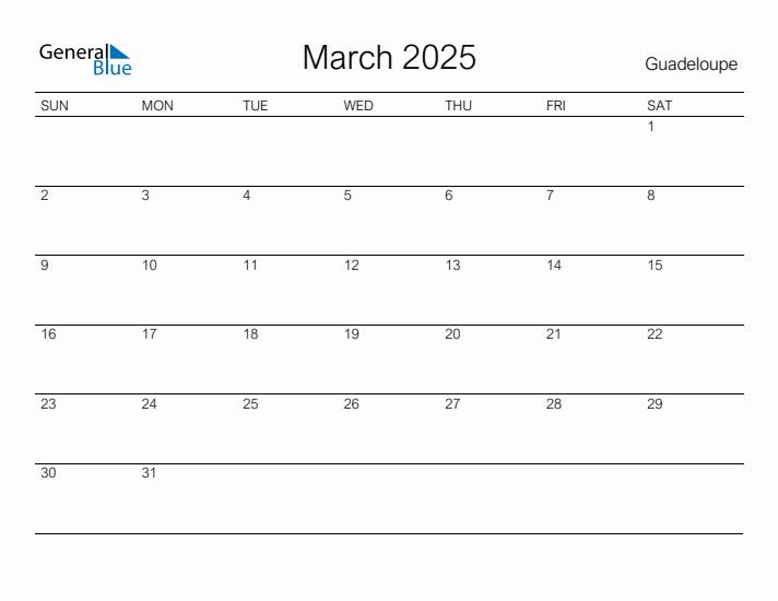 Printable March 2025 Calendar for Guadeloupe