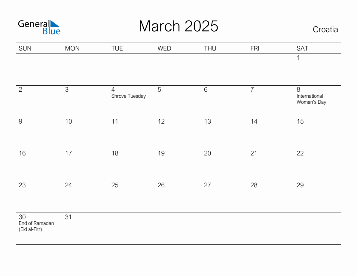 Printable March 2025 Monthly Calendar with Holidays for Croatia