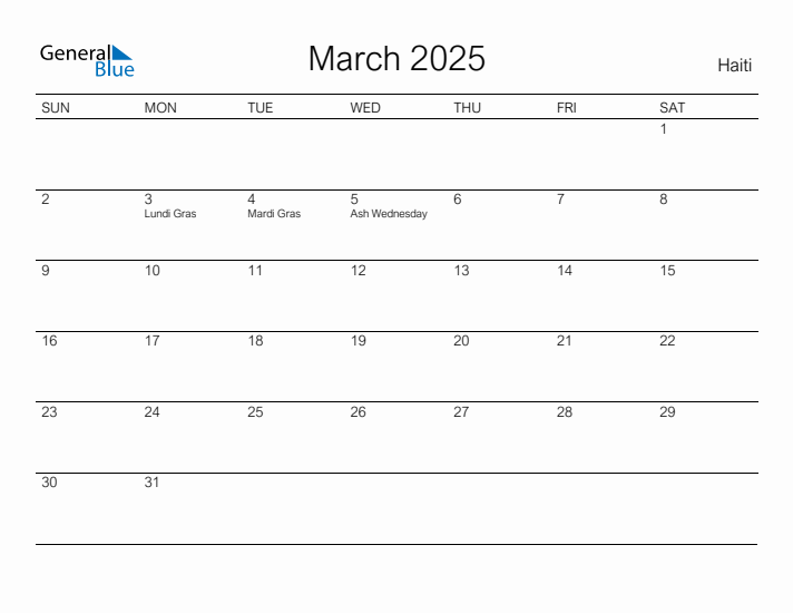 Printable March 2025 Calendar for Haiti