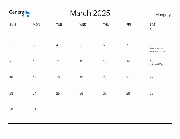 Printable March 2025 Calendar for Hungary