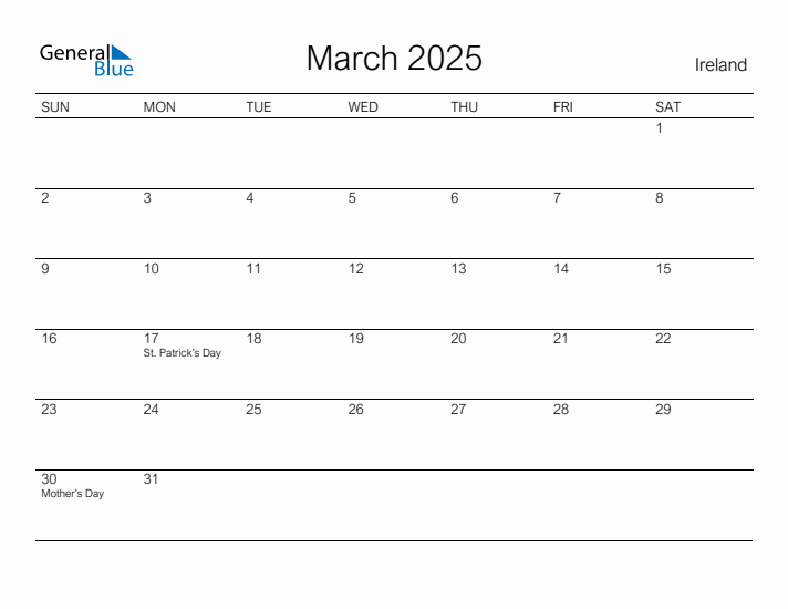 Printable March 2025 Calendar for Ireland