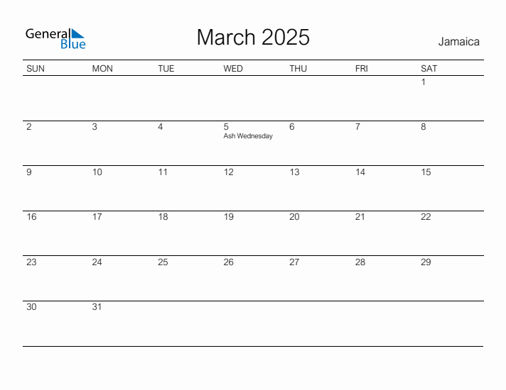 Printable March 2025 Calendar for Jamaica