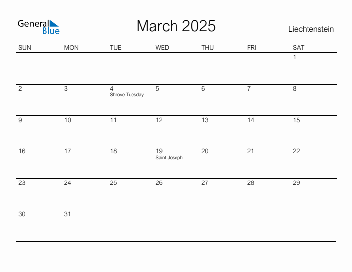 Printable March 2025 Calendar for Liechtenstein