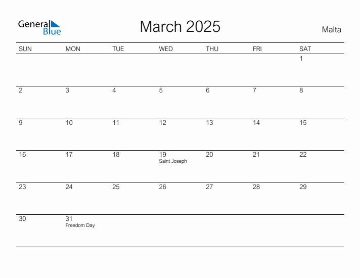 Printable March 2025 Calendar for Malta