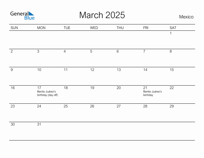 Printable March 2025 Calendar for Mexico