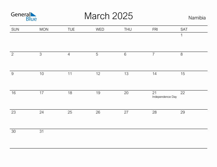 Printable March 2025 Calendar for Namibia