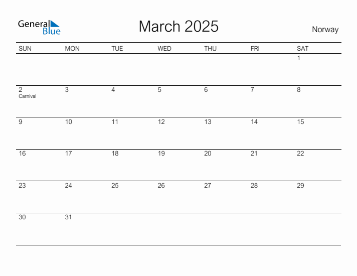 Printable March 2025 Calendar for Norway