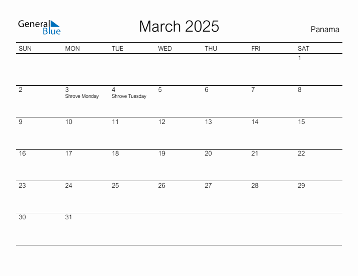 Printable March 2025 Calendar for Panama