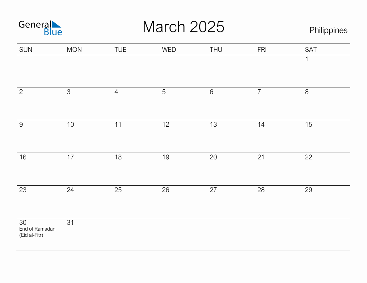 Printable March 2025 Monthly Calendar with Holidays for Philippines