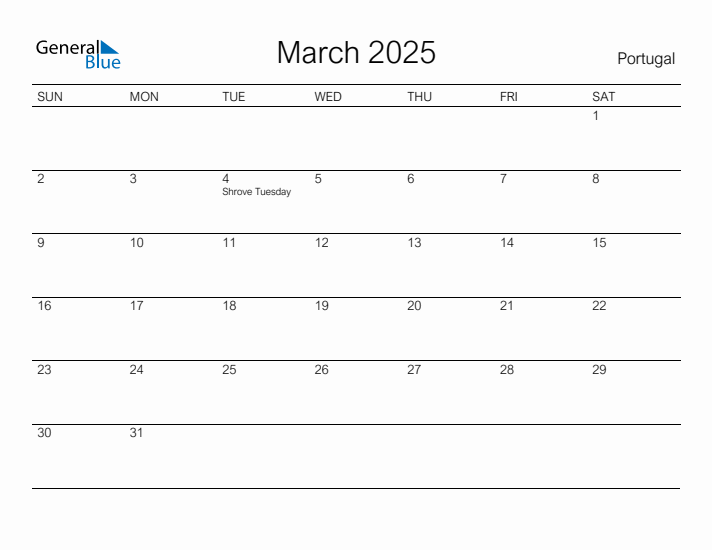 Printable March 2025 Calendar for Portugal