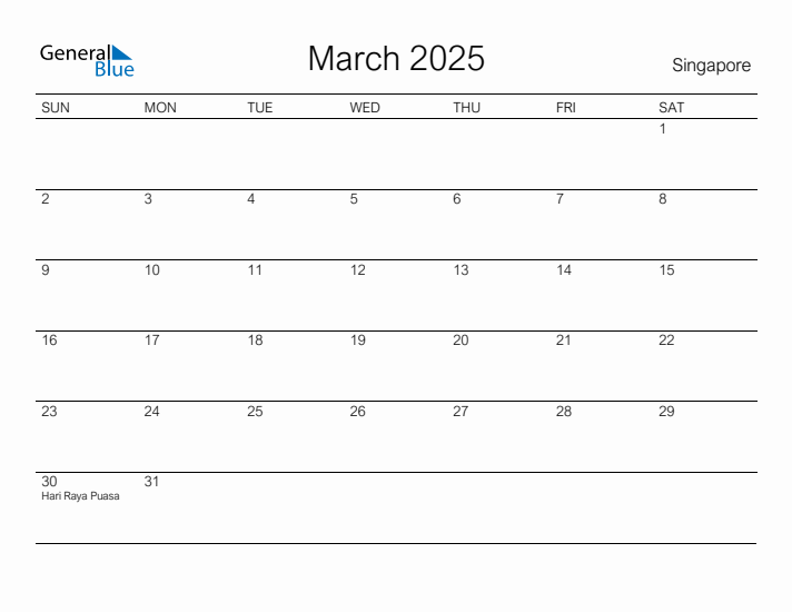 March 2025 Monthly Calendar with Singapore Holidays