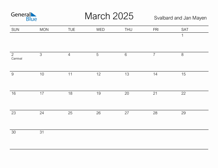 Printable March 2025 Calendar for Svalbard and Jan Mayen