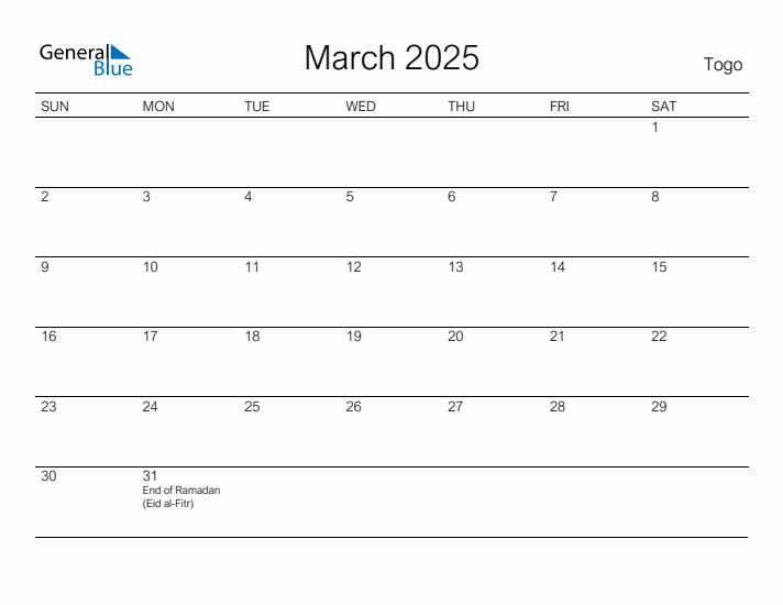 Printable March 2025 Calendar for Togo