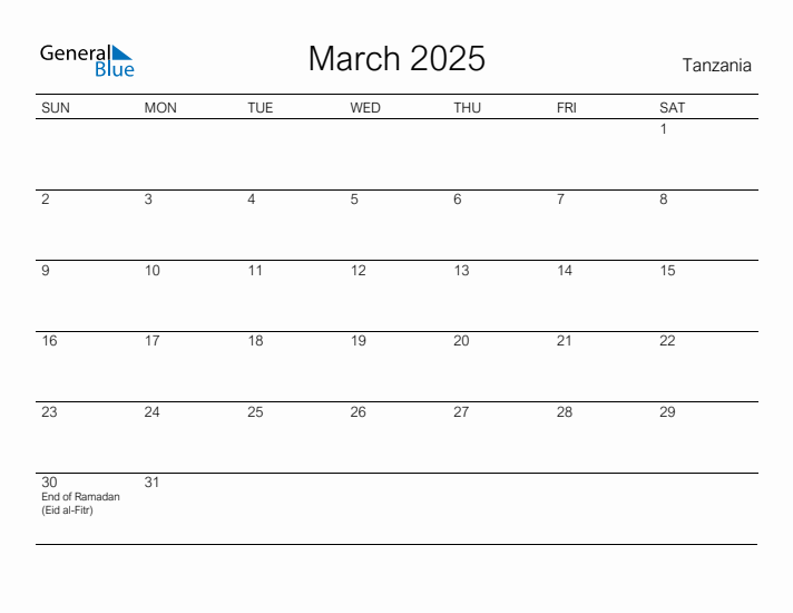 Printable March 2025 Calendar for Tanzania