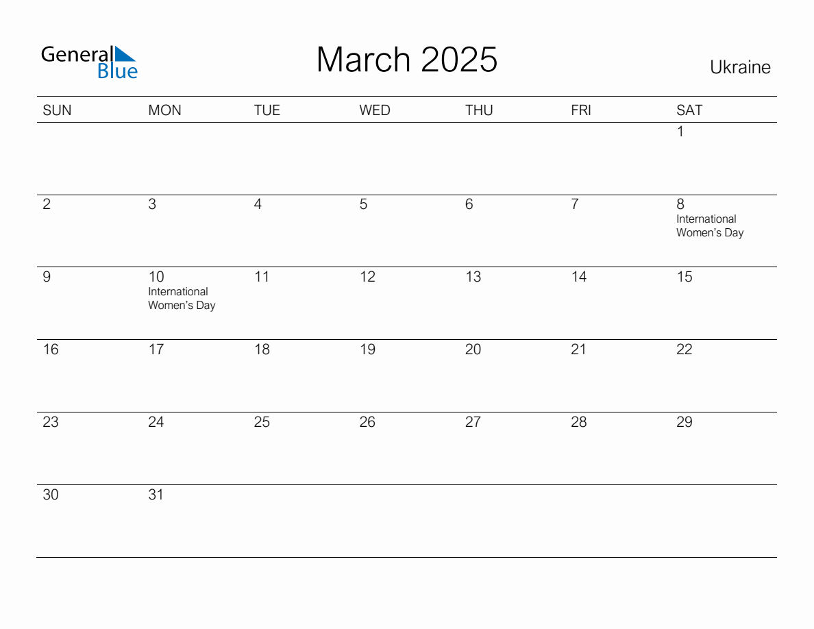 Printable March 2025 Monthly Calendar with Holidays for Ukraine