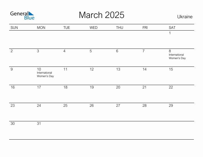 Printable March 2025 Calendar for Ukraine