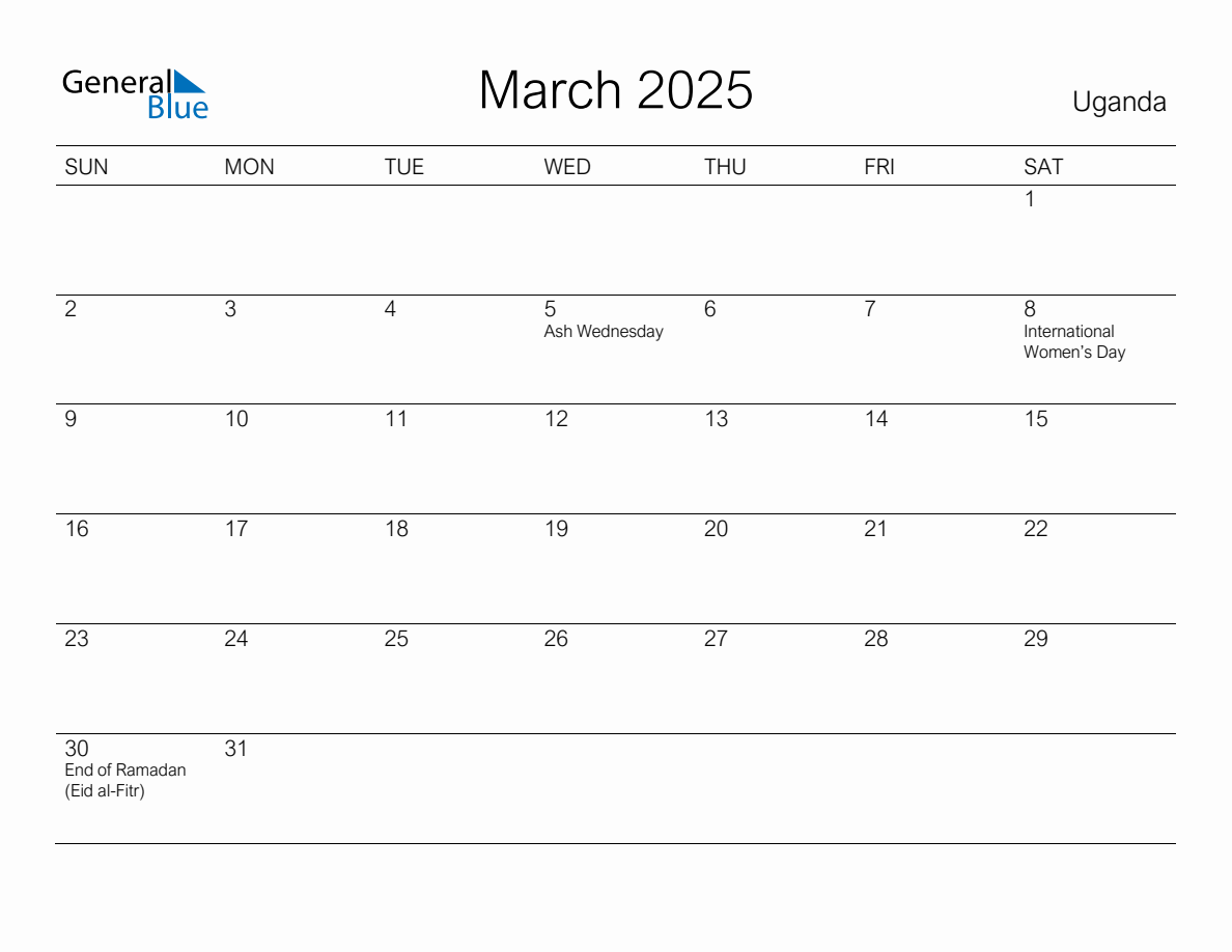 Printable March 2025 Monthly Calendar with Holidays for Uganda