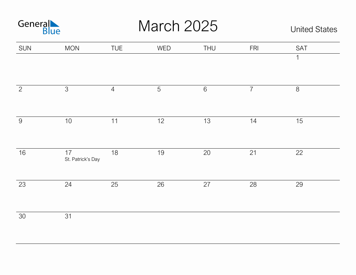 Printable March 2025 Monthly Calendar with Holidays for United States