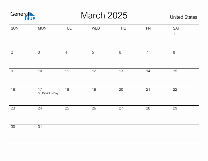 Printable March 2025 Calendar for United States