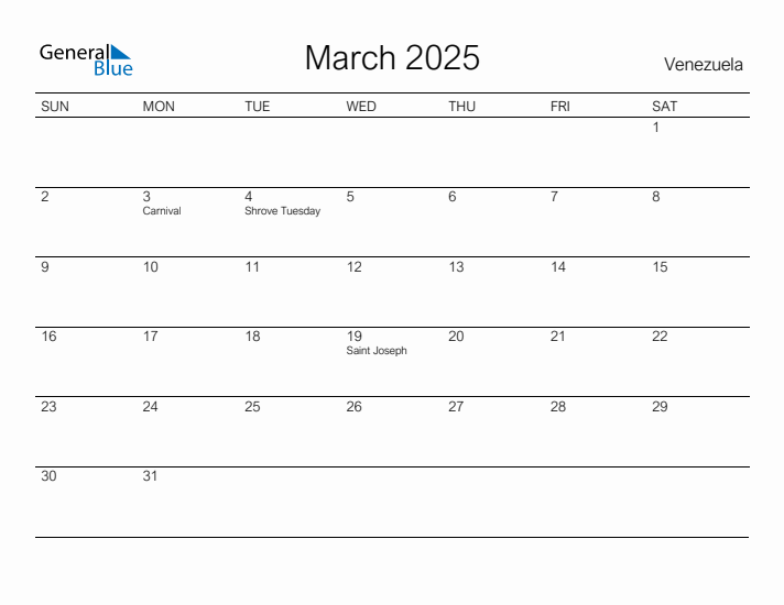 Printable March 2025 Calendar for Venezuela