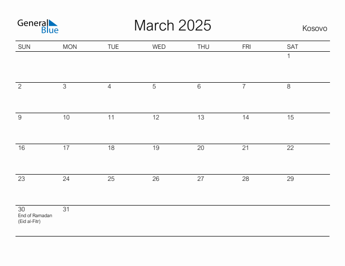Printable March 2025 Calendar for Kosovo