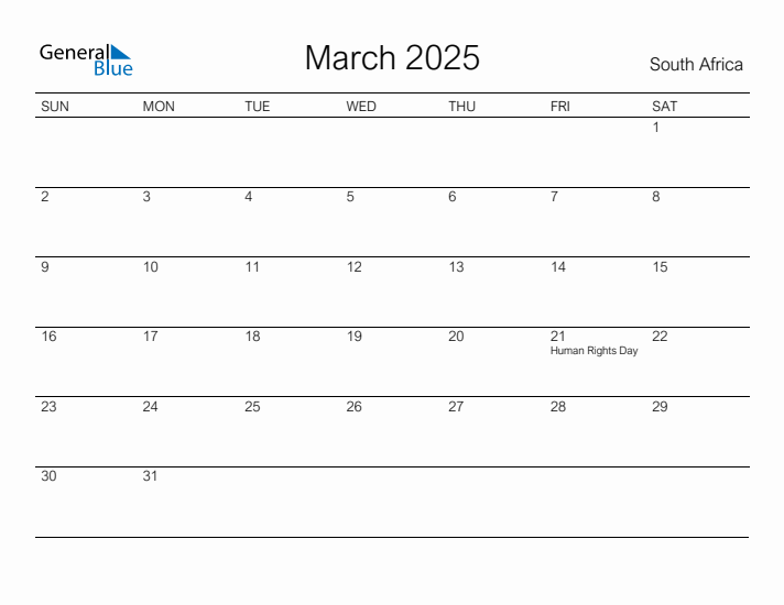 Printable March 2025 Calendar for South Africa
