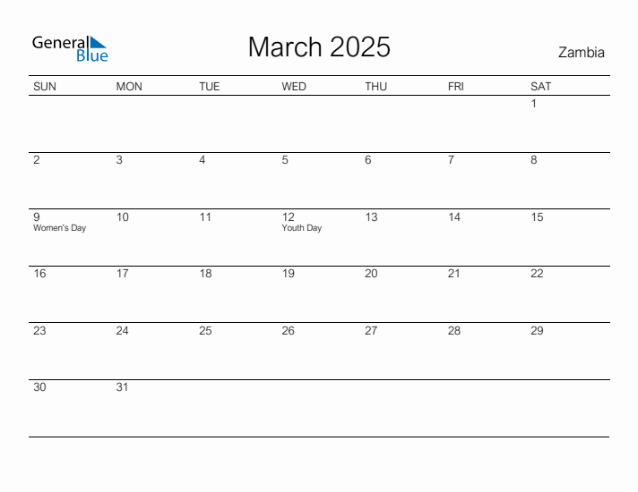 Printable March 2025 Calendar for Zambia