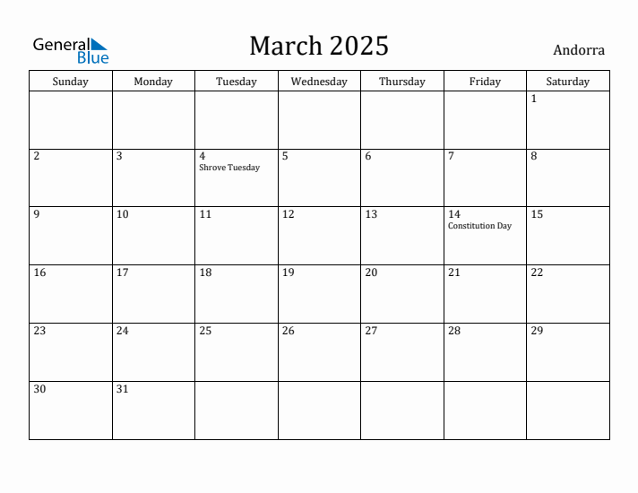 March 2025 Calendar Andorra