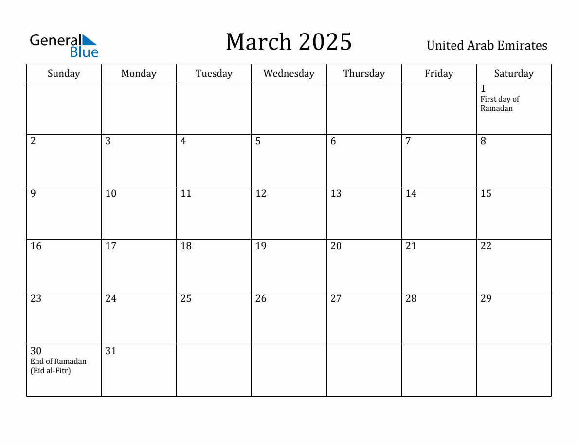 March 2025 Monthly Calendar with United Arab Emirates Holidays