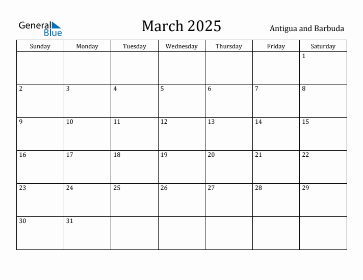 March 2025 Calendar Antigua and Barbuda
