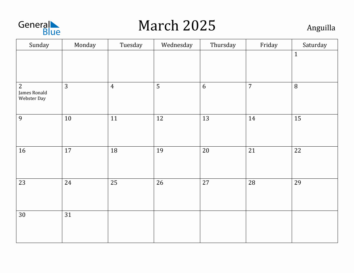 March 2025 Monthly Calendar with Anguilla Holidays