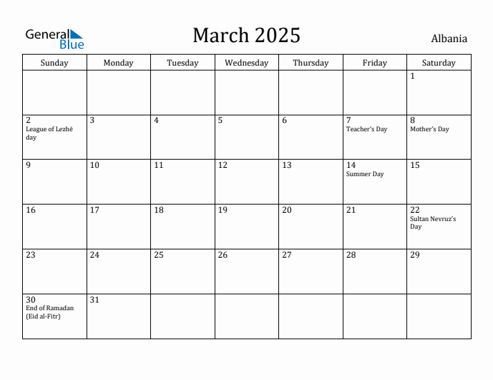March 2025 Calendar Albania