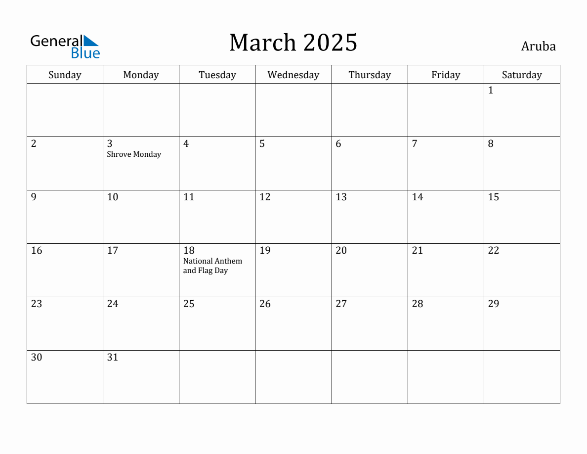 March 2025 Monthly Calendar with Aruba Holidays