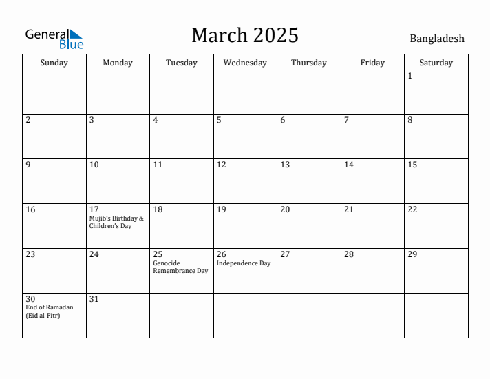 March 2025 Monthly Calendar with Bangladesh Holidays