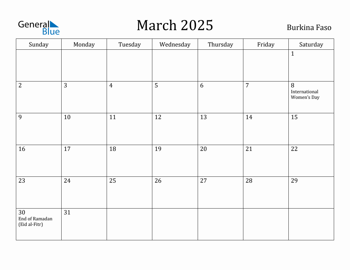 March 2025 Monthly Calendar with Burkina Faso Holidays