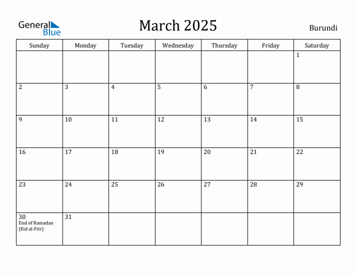 March 2025 Calendar Burundi