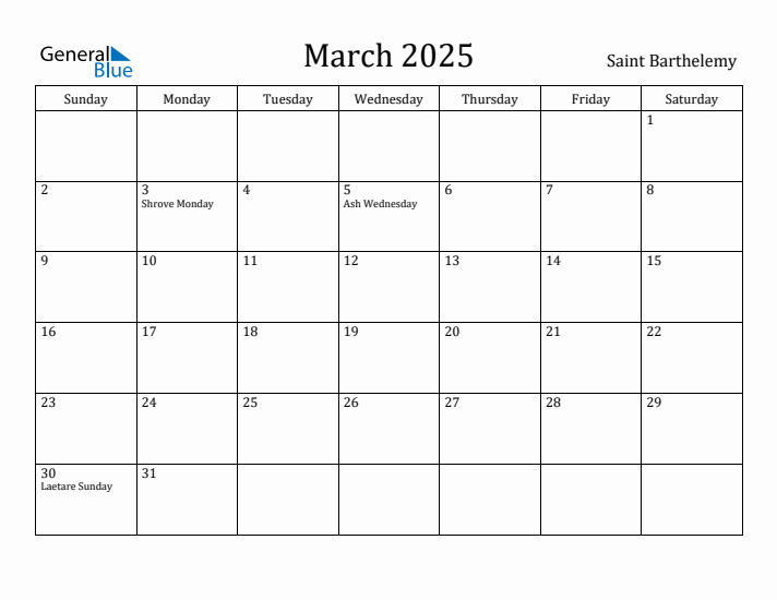 March 2025 Calendar Saint Barthelemy