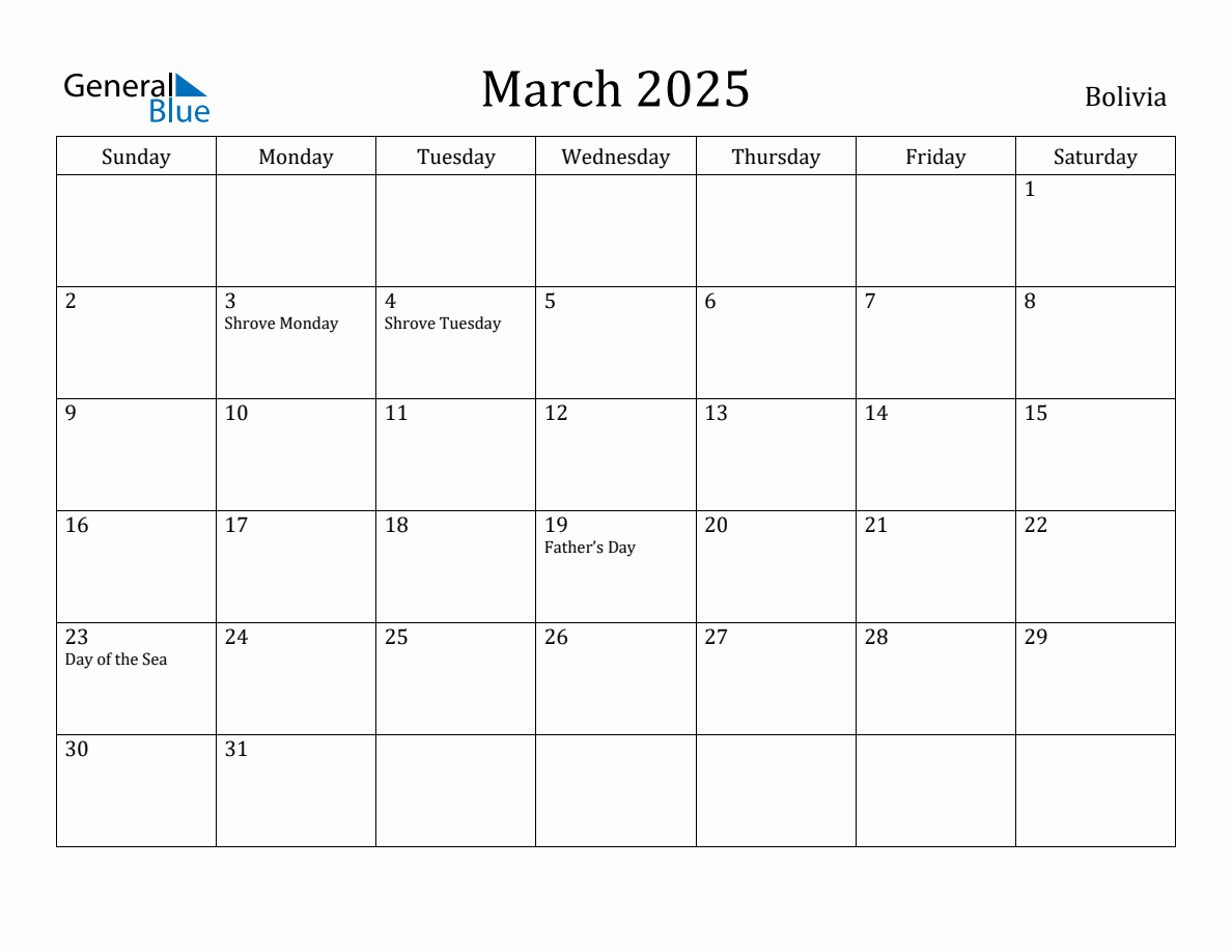 March 2025 Monthly Calendar with Bolivia Holidays