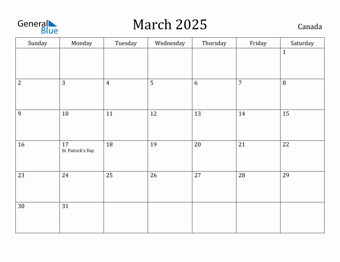 March 2025 Monthly Calendar with Canada Holidays