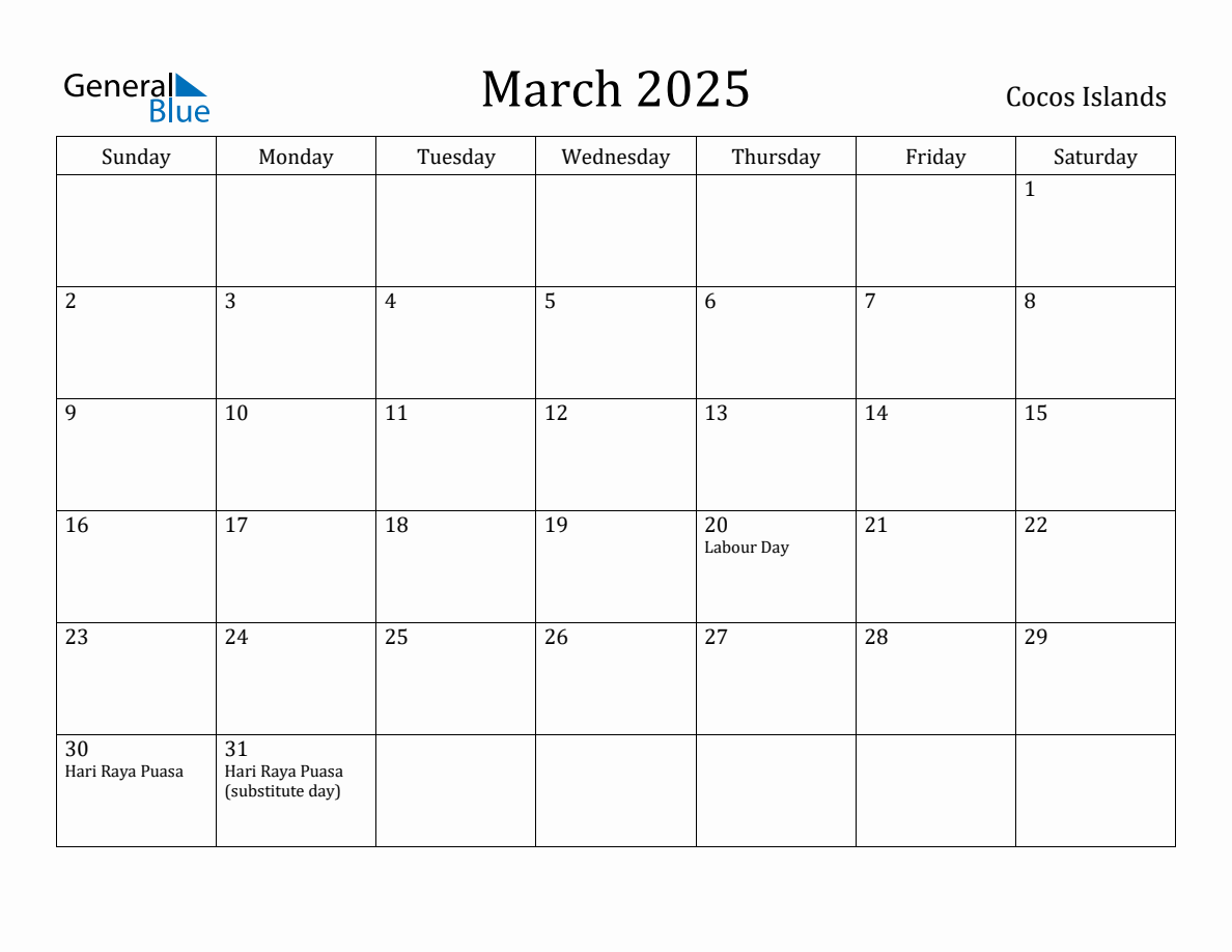 March 2025 Monthly Calendar with Cocos Islands Holidays